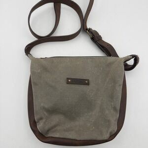 Vintage L.L. Bean Crossbody Bag Small Gray Brown Canvas Leather Strap Zip Top